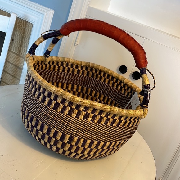 New African Market Basket Large round with leather handle navy blue/purple - Picture 3 of 15